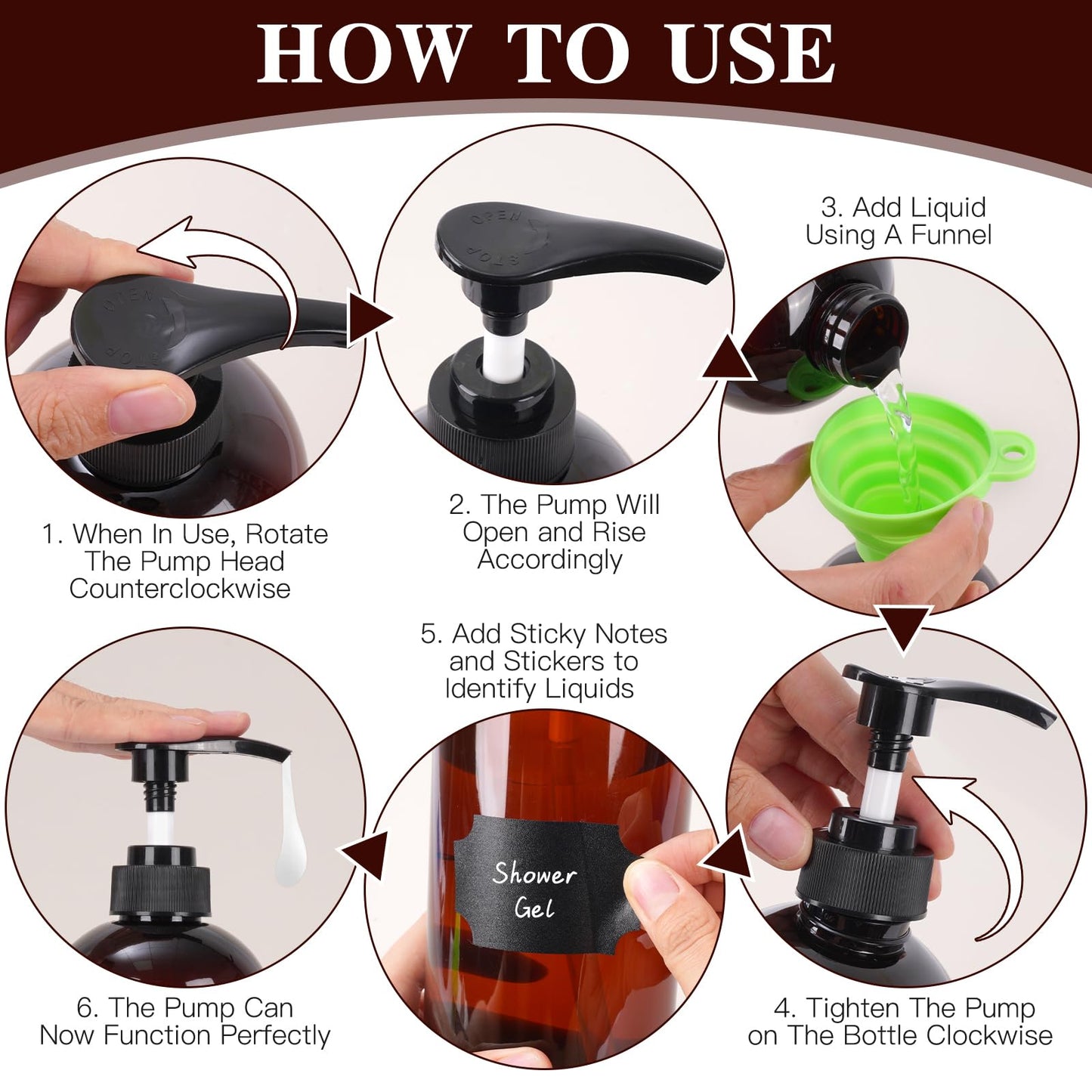 3 Pack Pump Bottle Dispenser, 1000ml/33.82oz Dispenser Bottle with Pump, Refillable PET Empty Shampoo and Conditioner Dispensers with Funnel and