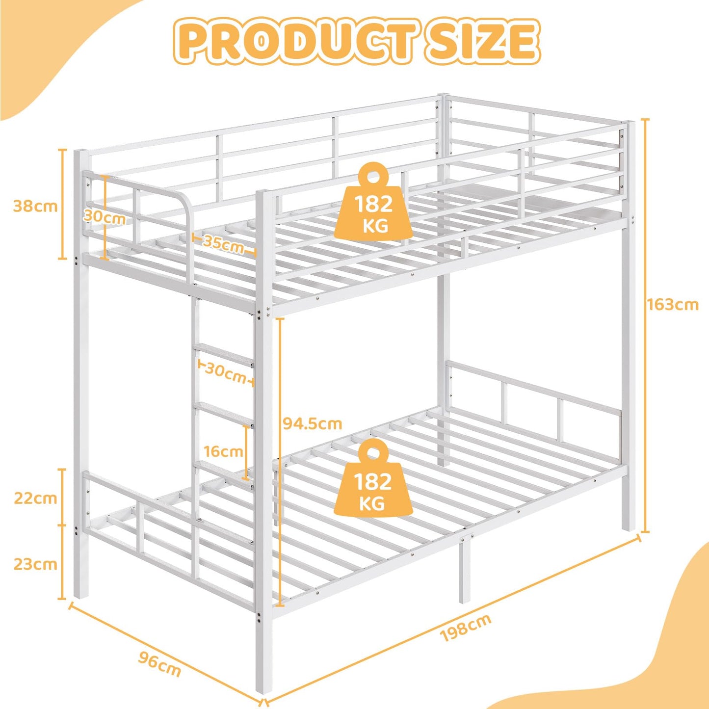 Bonnlo Metal Bunk Bed, Single over Single Loft Bed Frame with 38cm High Full-Length Guardrail & Non-Slip Ladder, Space-Saving Twin Over Twin Bunk Bed