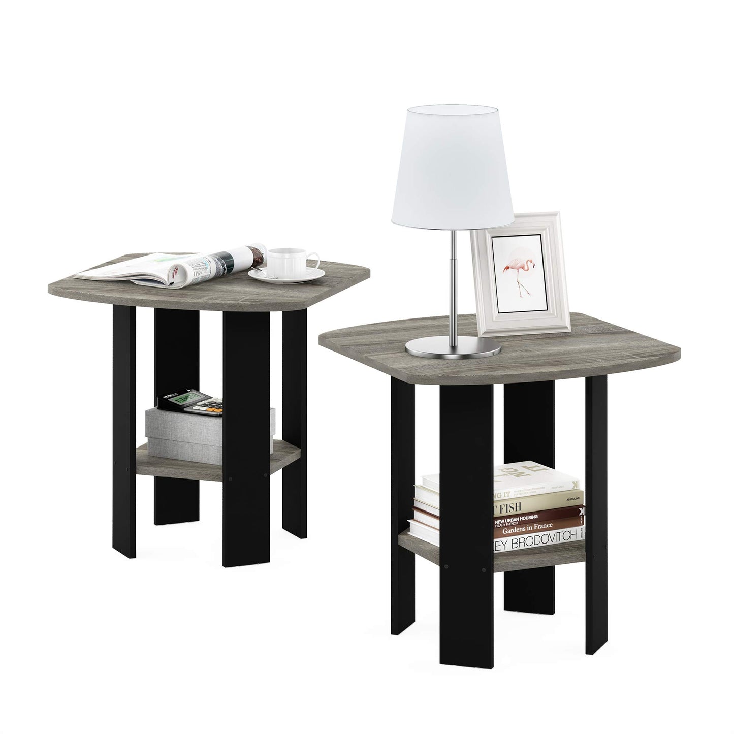 Furinno SIMPLE DESIGN Side Table Set of 2, 2-Tier End Table, Open Shelves Night Stand, Bedside Table, for Living Room, Bedroom, French Oak