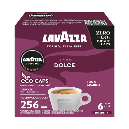 Lavazza A Modo Mio Lungo Dolce, 256 Coffee Capsules, with Aromatic Notes of Dried Fruits, for a Sweet Espresso, 100% Arabica, Intensity 6/13, Medium