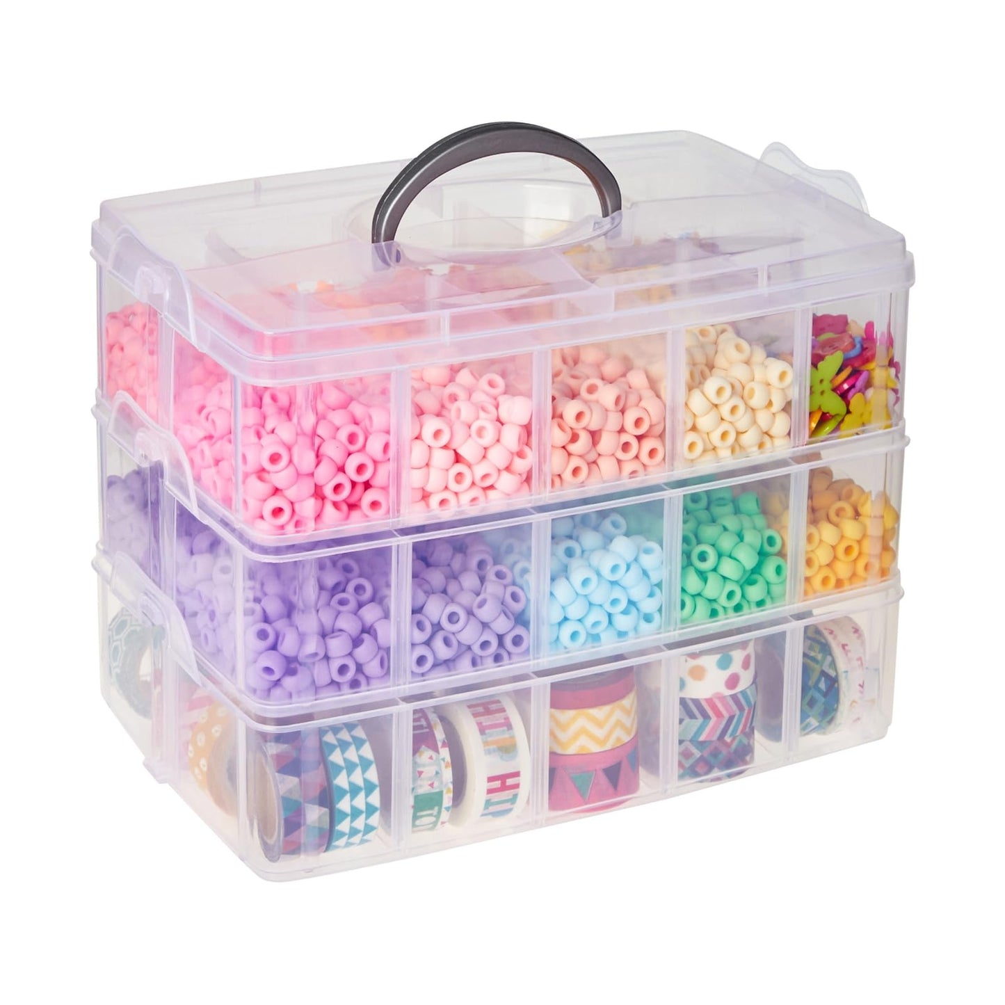 Bright Creations 3-Tier Stackable Plastic Craft Storage Containers with 30 Compartments and 40 Sticker Labels (9.5 x 6.5 x 7.2 Inch)