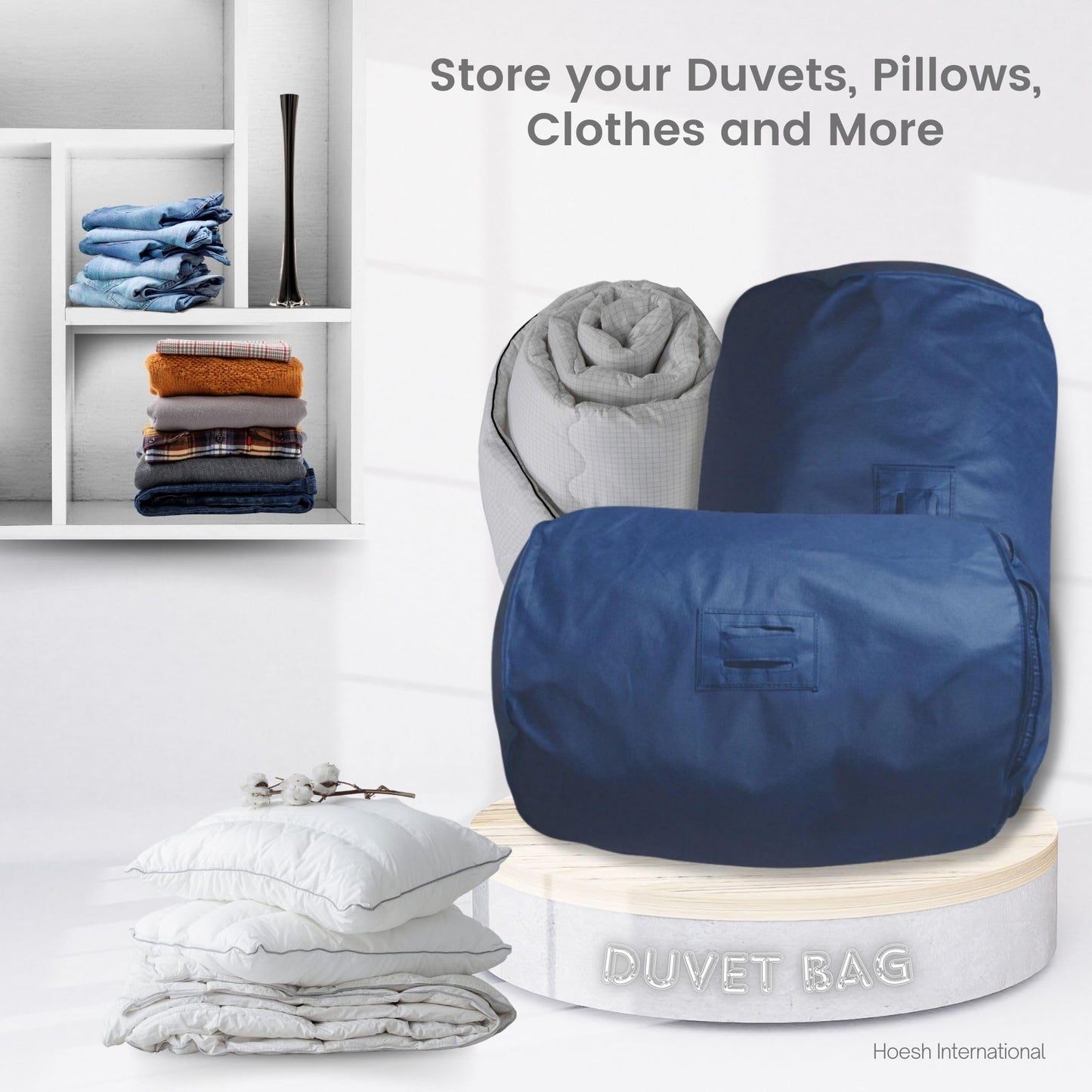 Hoesh UK Navy Double Duvet Storage Bag - Breathable Cotton Under Bed Blanket, Comforter & Quilt Holder Organizer