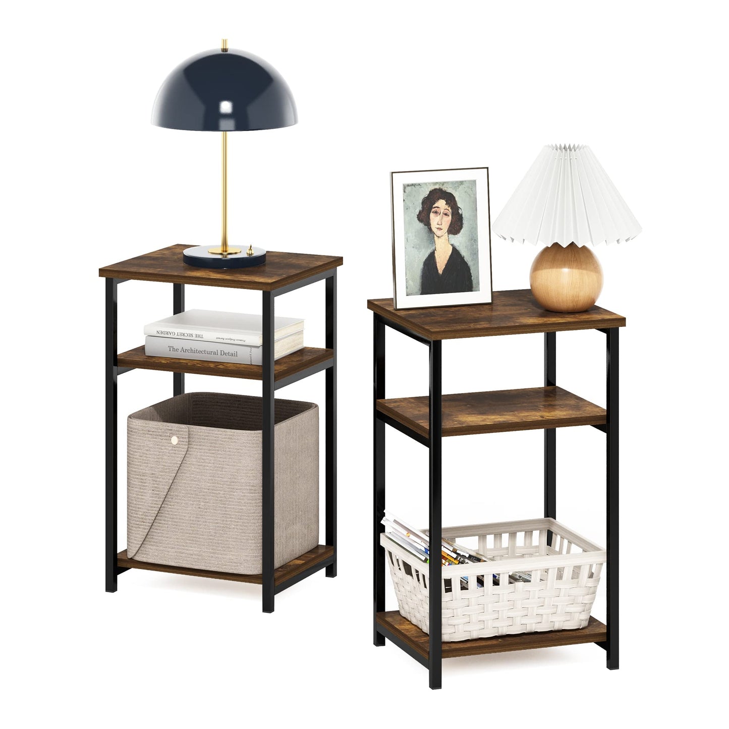 Furinno JUST Side Table Set of 2, 3-Tier Metal Frame End Table with Open Shelf, Night Stand, Bedside Table, for Living Room, Bedroom, Amber Pine