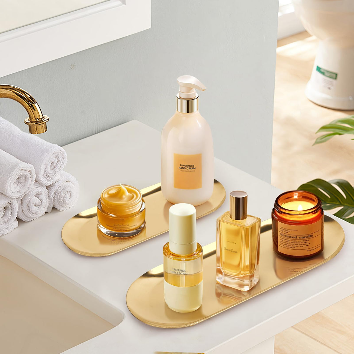 Minicoco 2PCS Oval Tray Stainless Steel Jewellery Cosmetic Tray Perfume Candle Holder Decorative Tea Fruit Key Bowl Gold