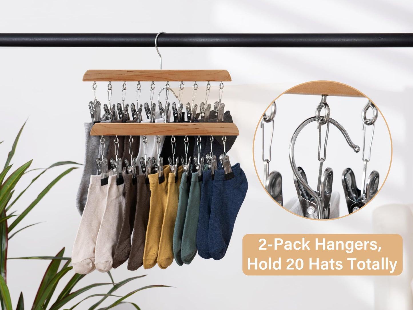 StorageWorks Hat Rack, Set of 2 Wooden Hangers with Adjustable Stainless Steel Clips, Heavy Duty Wardrobe Organiser and Storage for Baseball Caps