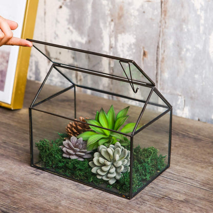 WONSUN House Shape Close Glass Geometric Terrarium - Tabletop Succulent & Air Plant, Flower Pot - Moss Fern Reptile Terrarium Black