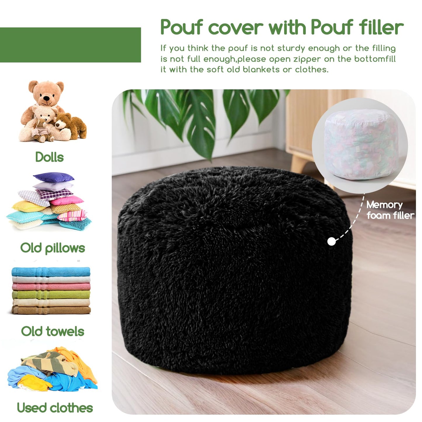 HIGOGOGO Faux Fur Beanbags Round Footstool Bean Bag Pouf with Foam Chunk Filling, 65 x 45 cm Floor Poufs Foot Rest for Living Room, Black