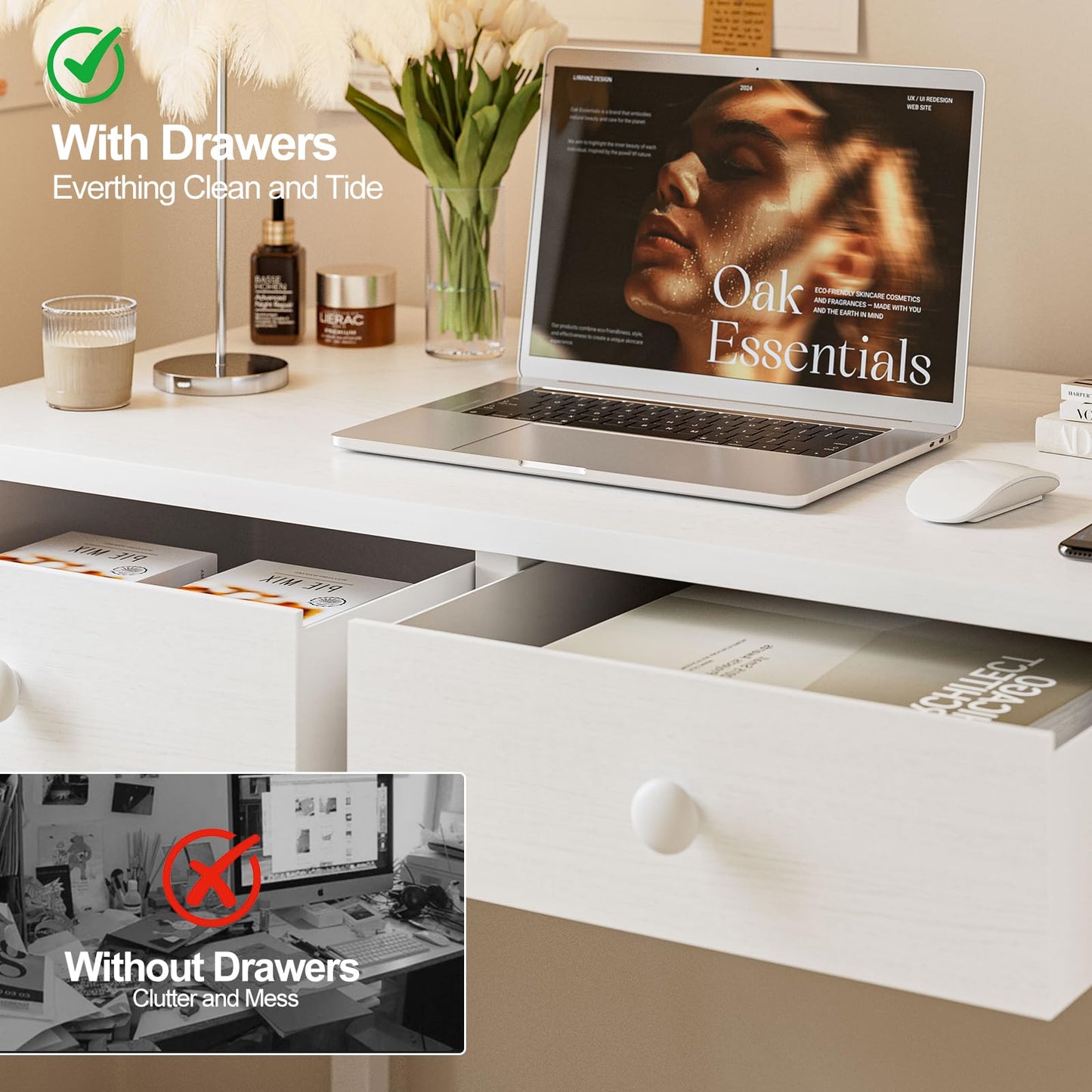 Grandder Small Computer Desk with 2 Fabric Drawers, 80 x 40 cm Home Office Desk with Storage Bags and Drawers