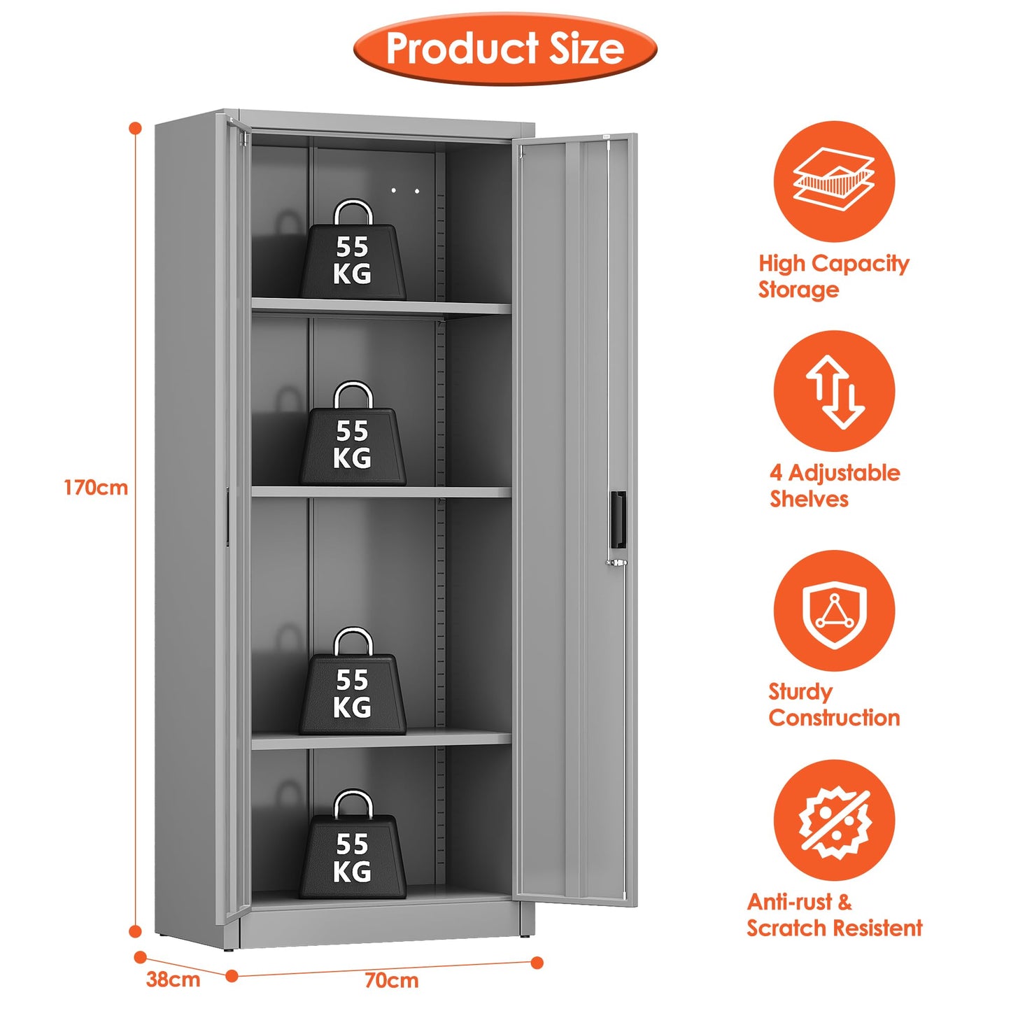 FlairVibe Metal Storage Cupboard with 2 Door and 3 Adjustable Shelves,Grey