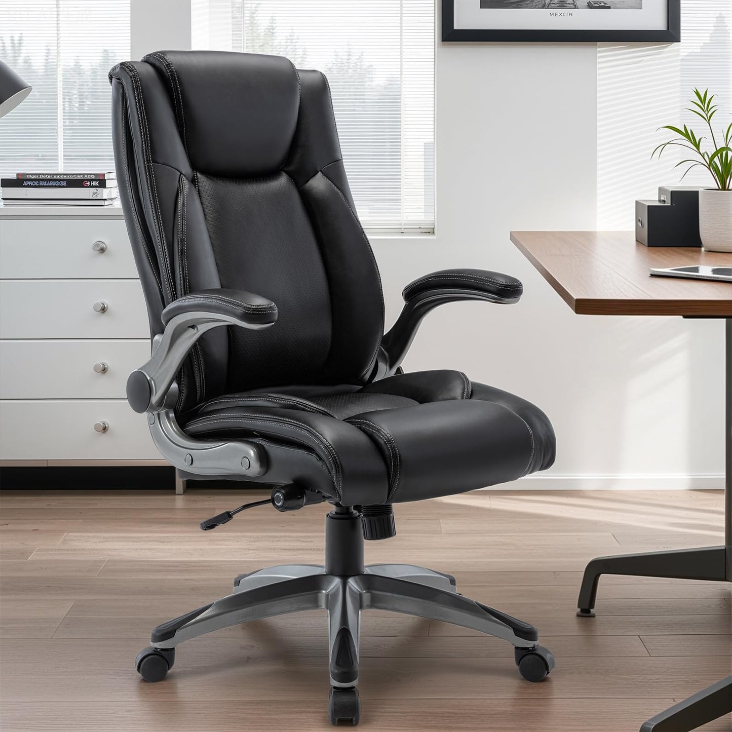 Ergonomic Executive Office Chair with Adjustable Lumbar Support, Flip-up Armrests, Double Padded Seat & Tilt Function