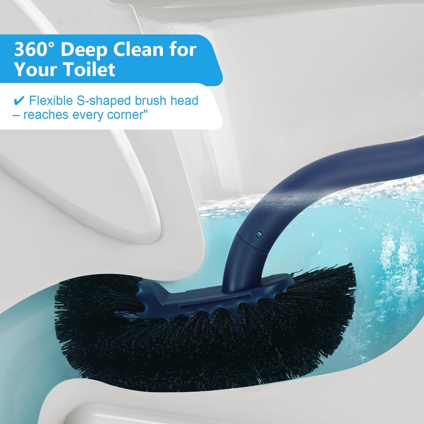 2 Pack Toilet Brush and Holder Set, Curved, Replacement Heads Navy Blue