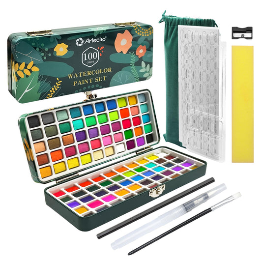 Artecho Watercolour Paint Set 100 Colors in Portable Box Including, Travel Watercolor Set with Watercolor Papers, Brushes and other Tools, Idea for