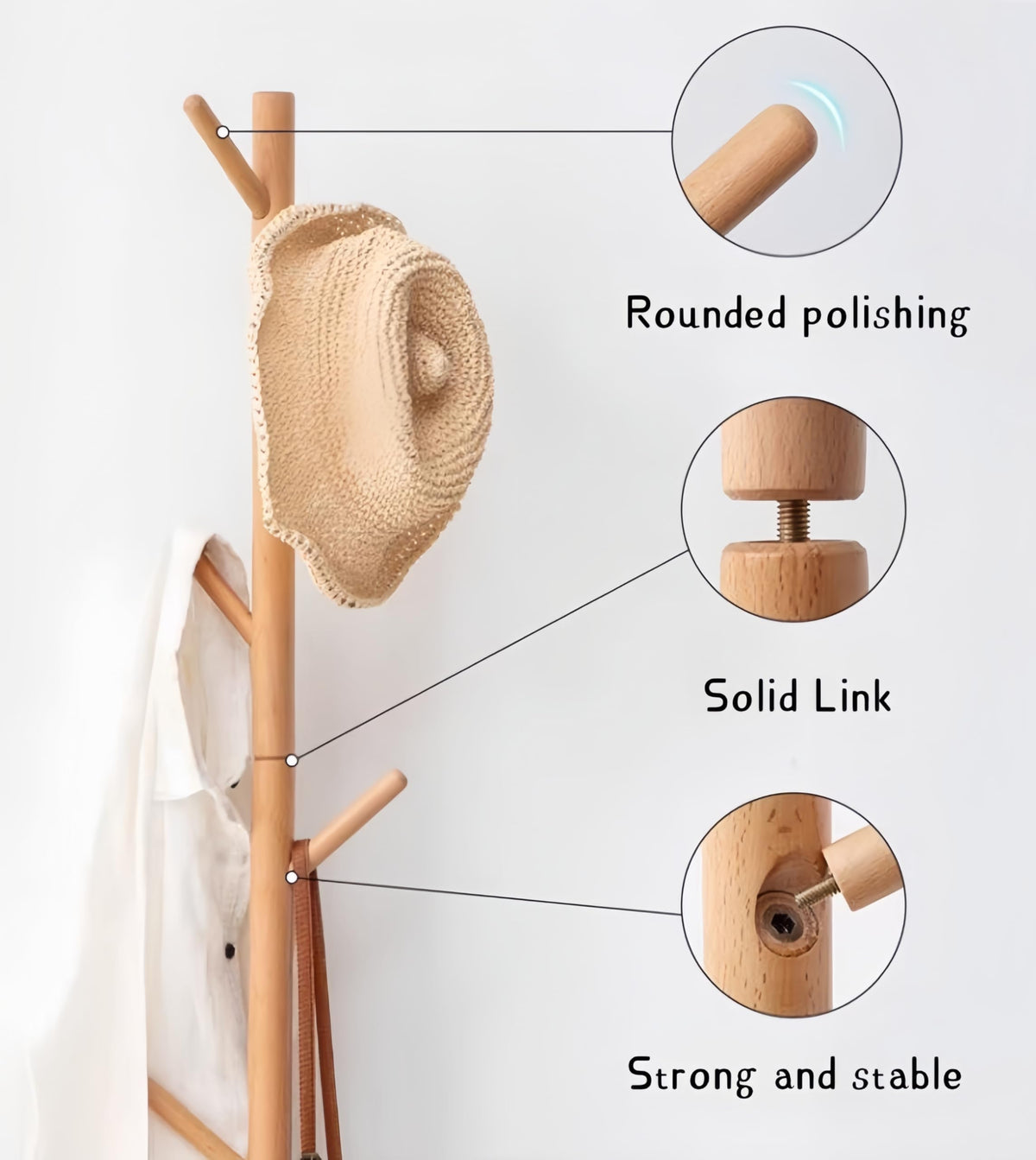 Uwenkjie coat stand，Sturdy wooden coat rack, adjustable size, with 8 hooks, suitable for hanging clothes, hats, handbags
