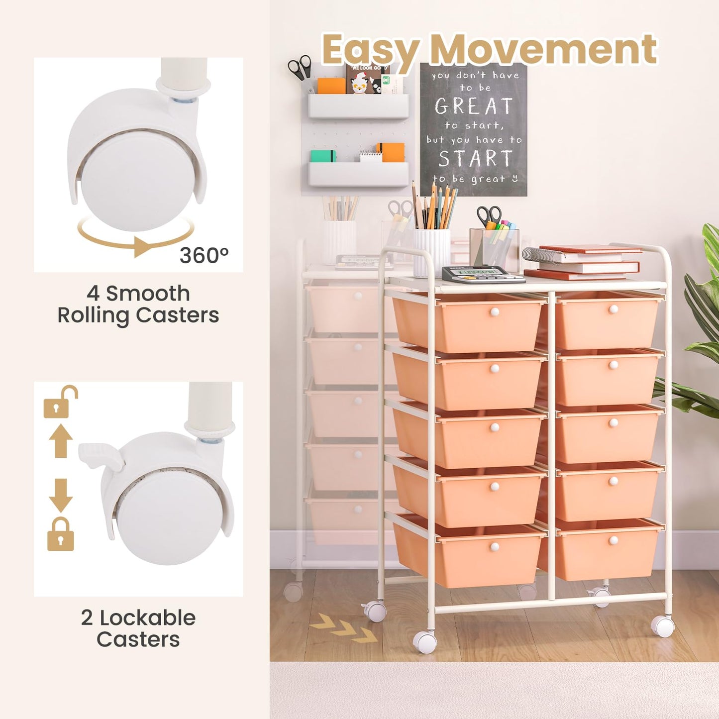 GiantexUK 10 Drawers Storage Cart, Mobile Rolling Storage Trolley with 4 Lockable Wheels & Handles