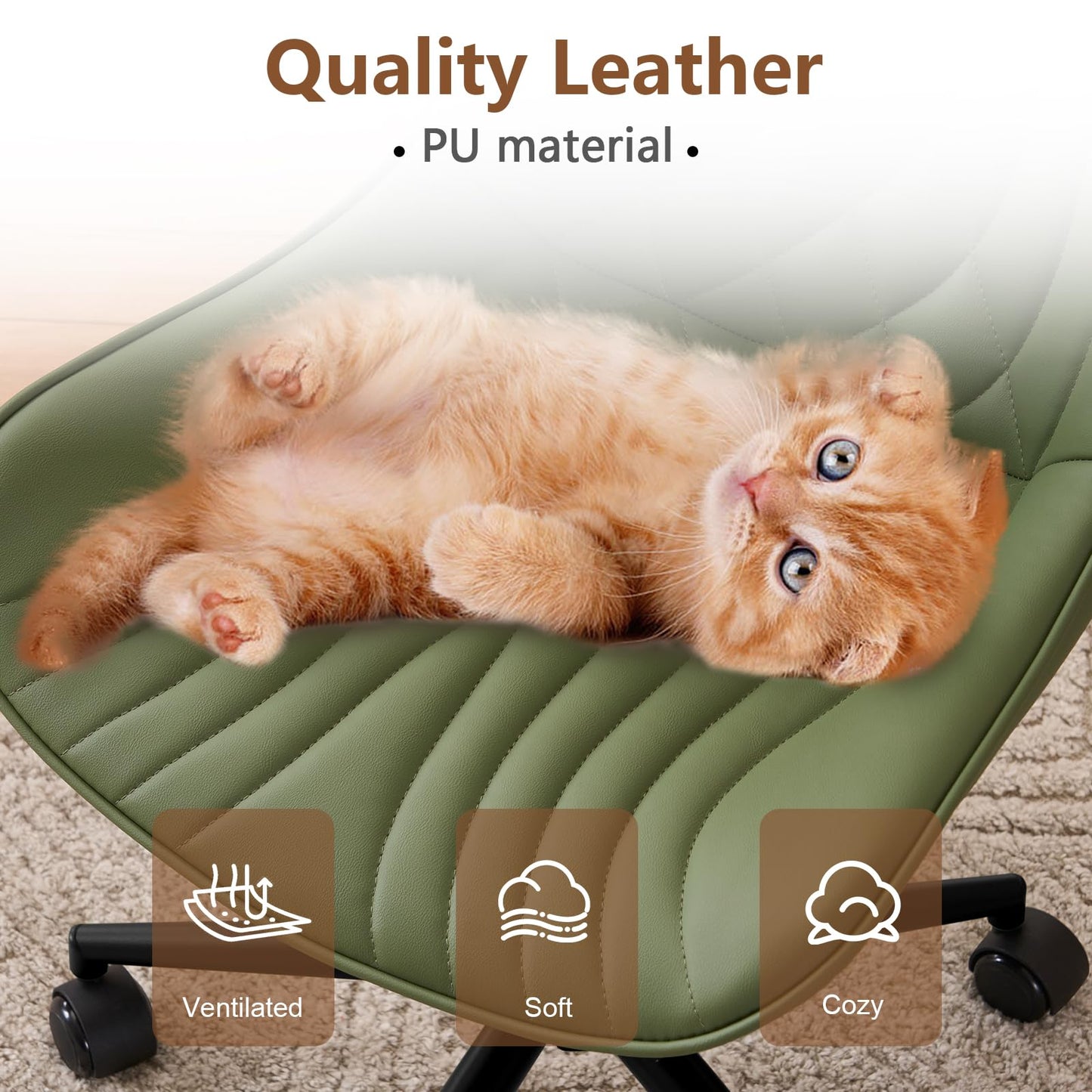 YOUTASTE Office Chair Adjustable, Ergonomic Desk Chair Armless PU Leather Swivel Chairs with Wheels for Home Office Computer, Modern, Olive Green