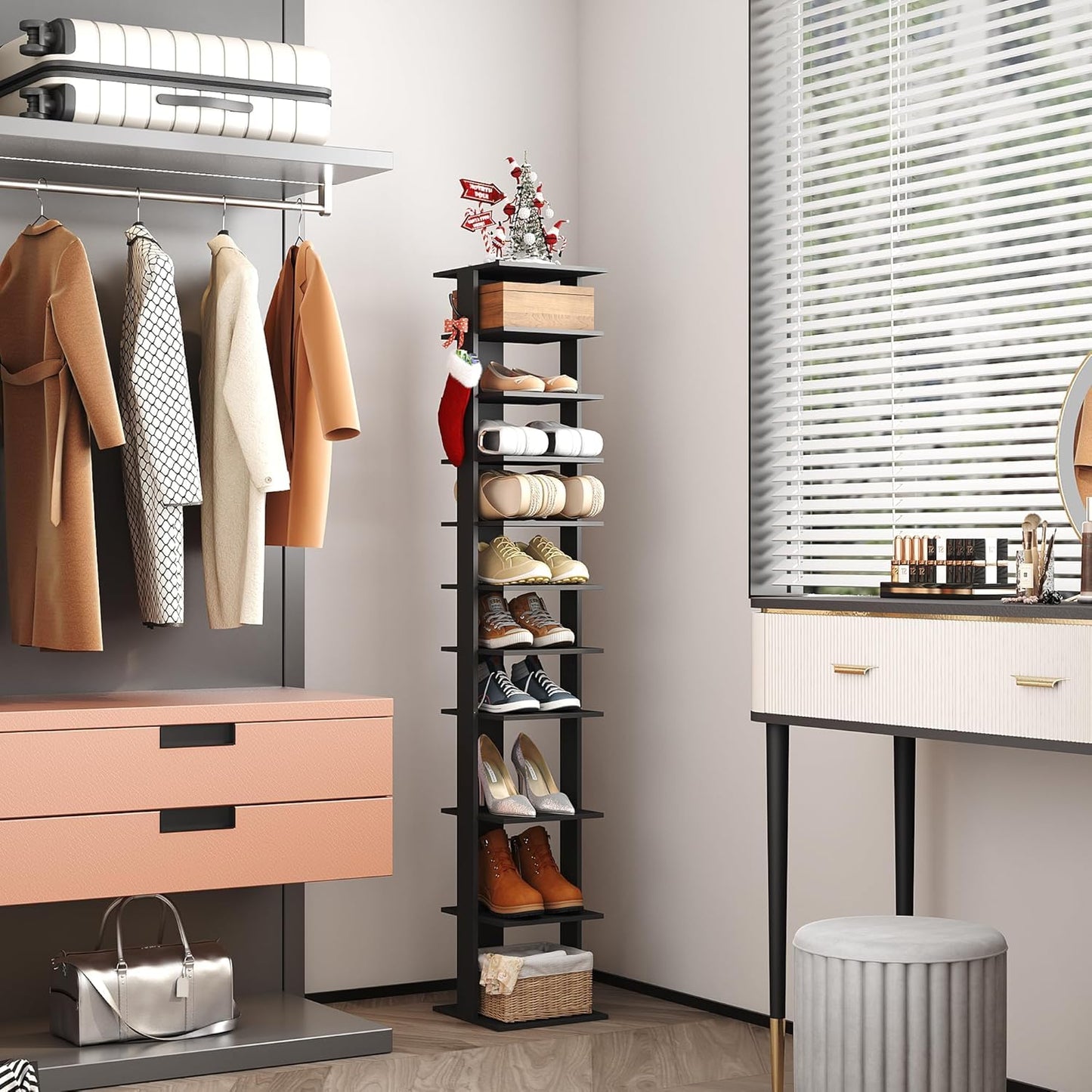 HOME BI 10-Tier Vertical Shoe Rack, Corner Shoe Tower, Slim Shoe Organizer with Two Hanging Hooks, Wooden Shoe Storage Stand for Entryway, Hallway,