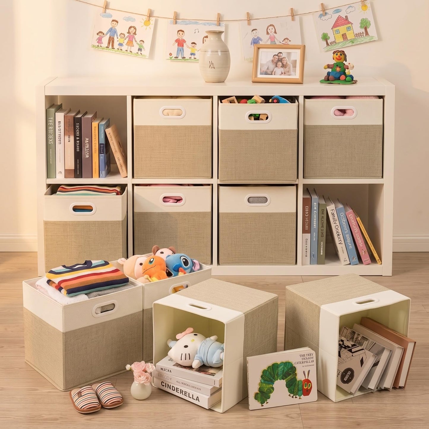 SOCOHOME Fabric Storage Boxes,30x30x30cm Storage Cube, Foldable Storage Baskets for Shelf Nursery Closet(Light Khaki/Cream White, 4 Pack)