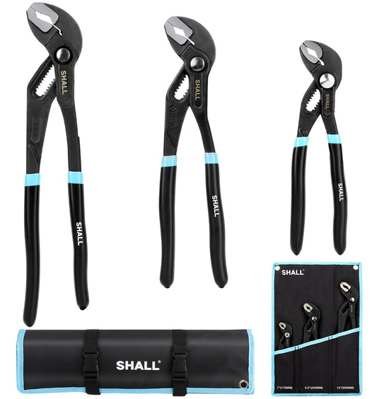 SHALL 3-Piece Groove Joint Pliers Set (12, 9-1/2, 7 Inch), Push-Lock Water Pump Pliers in Cr-v Steel, Fast Adjustable Tongue and Groove Pliers with