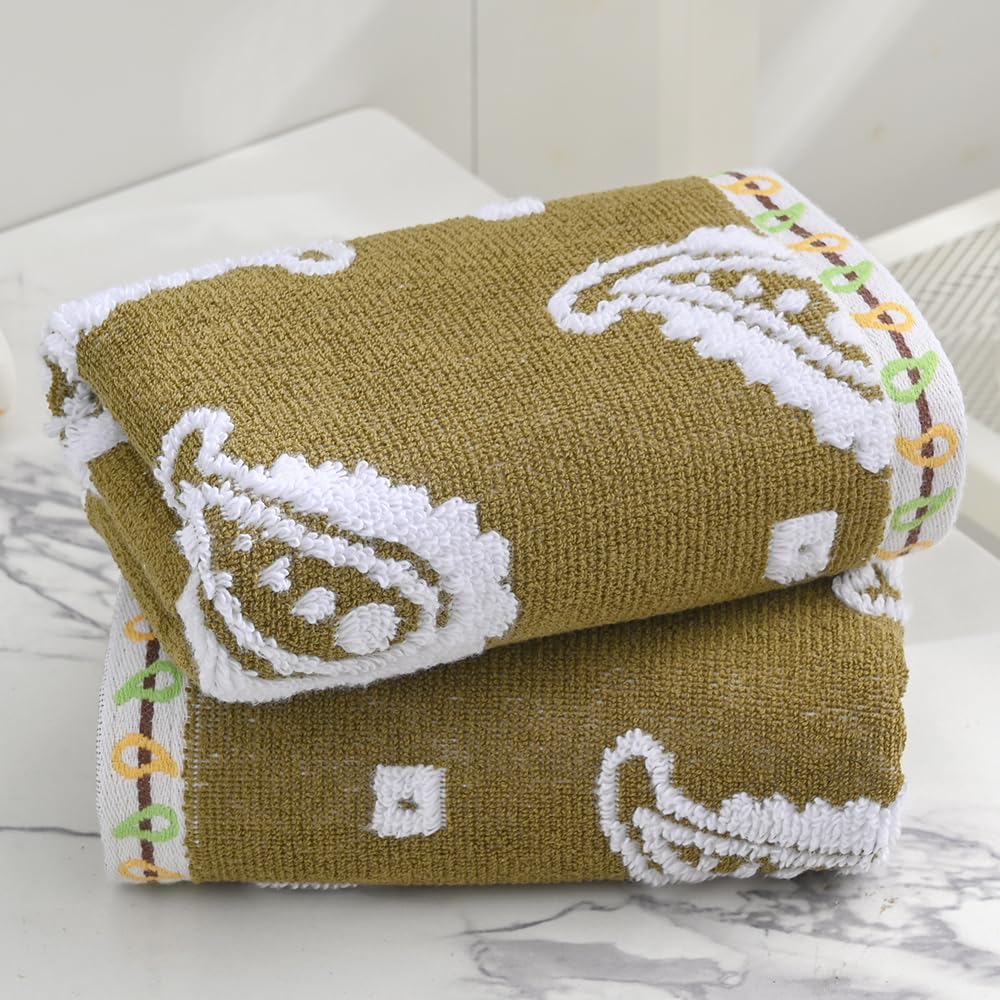 sense gnosis Brown Hand Towels Set of 2 Super Soft 100% Cotton Absorbent Paisley Pattren Jacquard White Terry Double-Sided Bath Hand Towels for