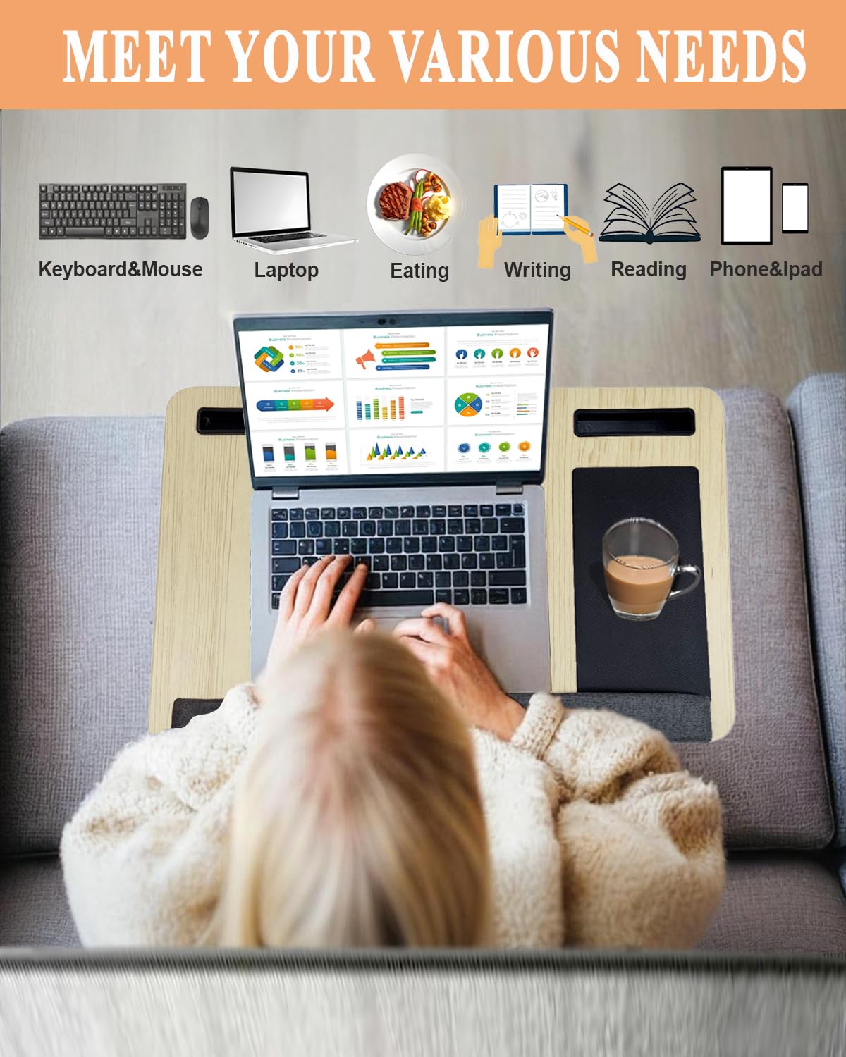 Yaong Gauo Laptop Desk for Bed, Lap Desk with Cushion, Laptop Stand for Bed, Fits up to 17.3” laptop, Tablet and Phone Holder with Cellphone Stand
