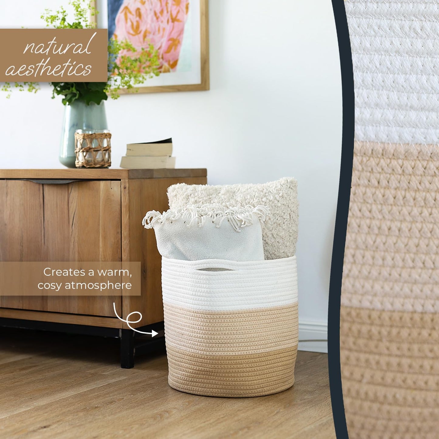HMF Storage Basket with Hidden Handles, Round Basket Fits Kallax | 31 x 31 cm | White/Brown