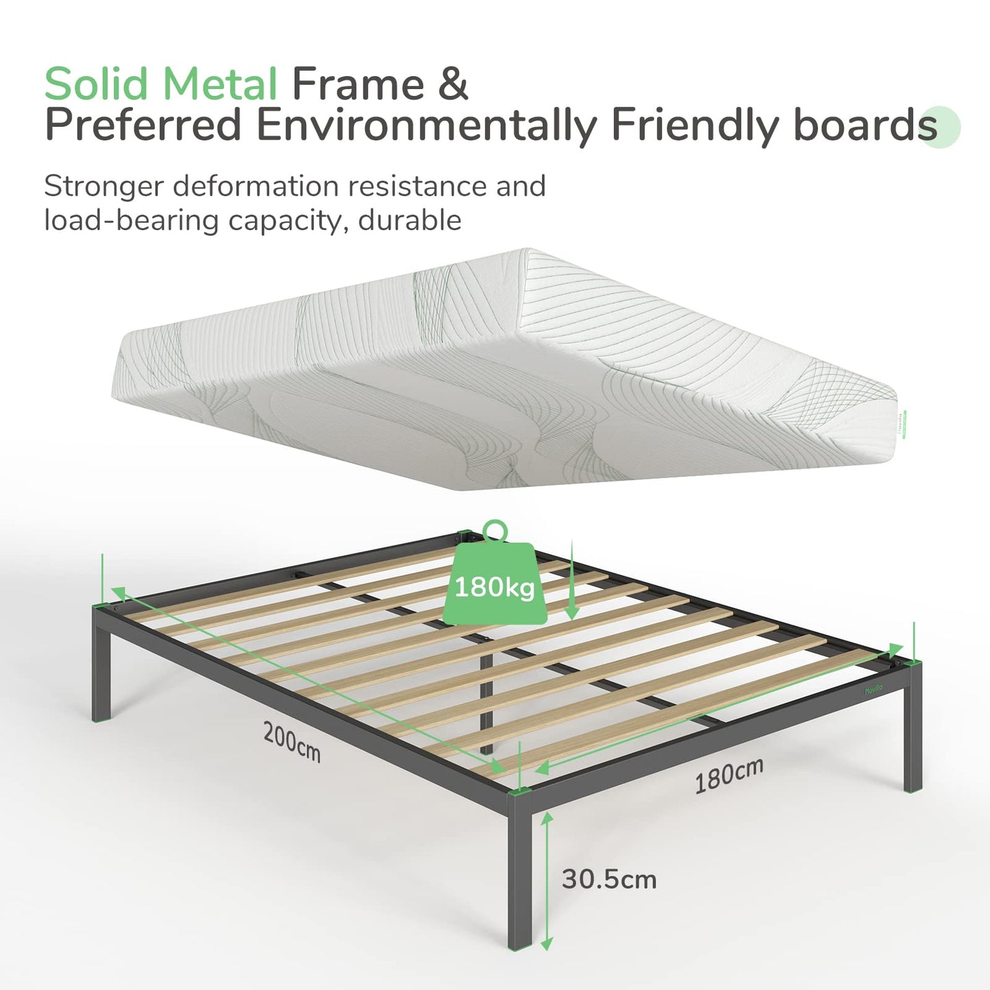 Novilla 30.5cm Metal Super King Bed Frame, 6FT Platform Bed Frame With Noise-cancelling Design, Engineered Wood Slat Support, Solid Support Leg