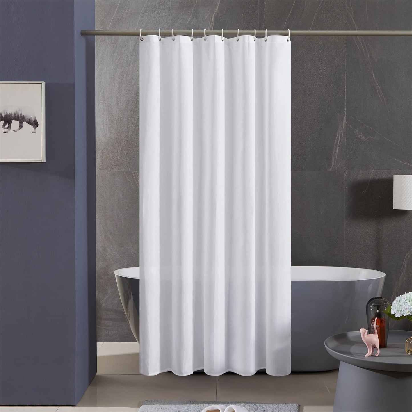 Furlinic White Shower Curtain Polyester Fabric Waterproof Washable Bath Curtains with Weight Tape 8 Hooks for Wetroom 47x72 Inch 120x180cm.