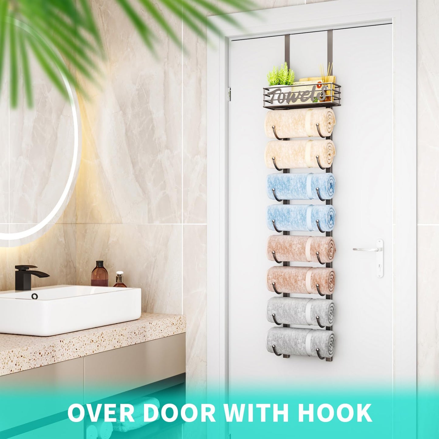 HapiRm Over Door Towel Rack - Towel Storage Rack Wall Mounted with Metal Shelf Basket