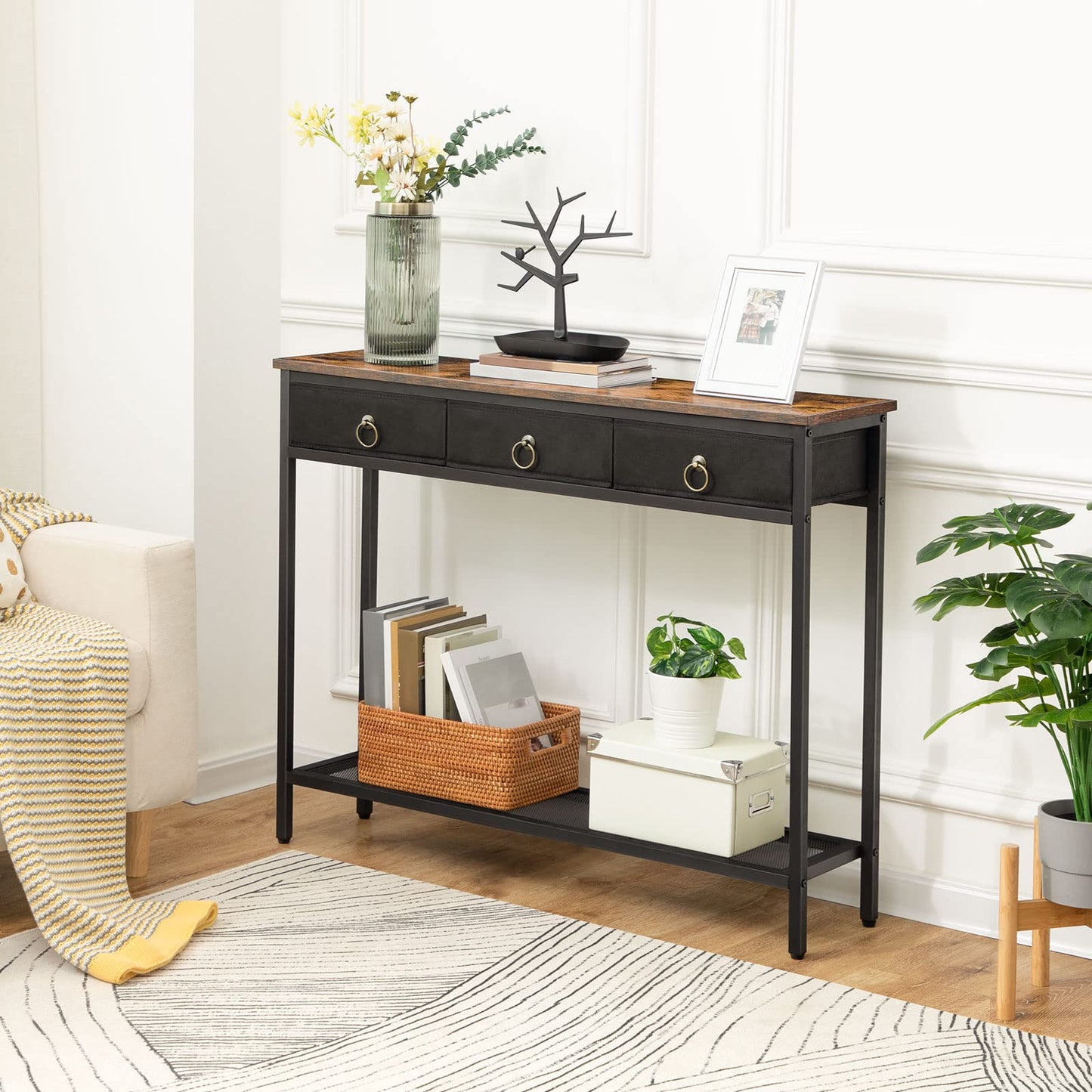 HOOBRO Console Table, Hallway Table, Slim Sofa Table with 3 Non-woven Drawers, Metal Mesh Frame, Sturdy, Narrow Side Table for Small Spaces, Entrance
