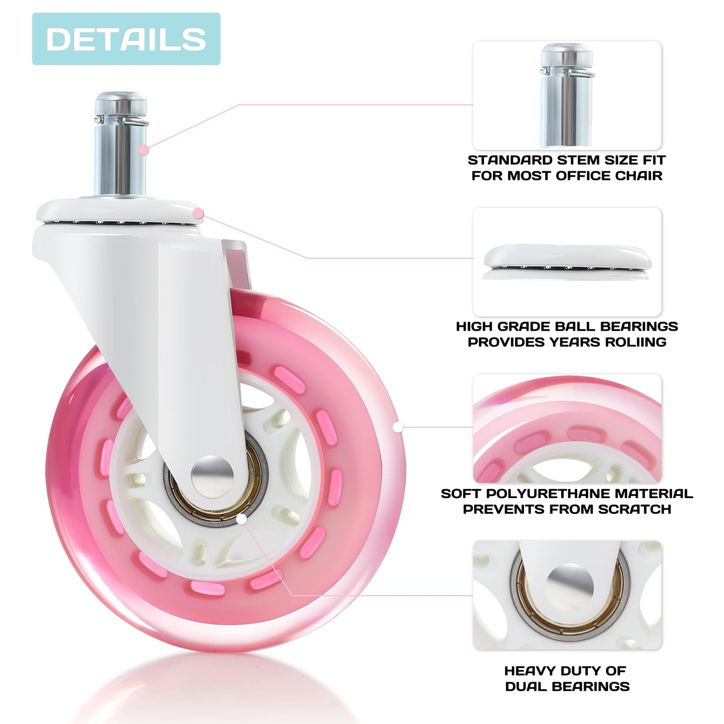 Pink Office Chair Caster Wheels Set of 5, 75mm Heavy-Duty Rubber Chair Casters Replacement
