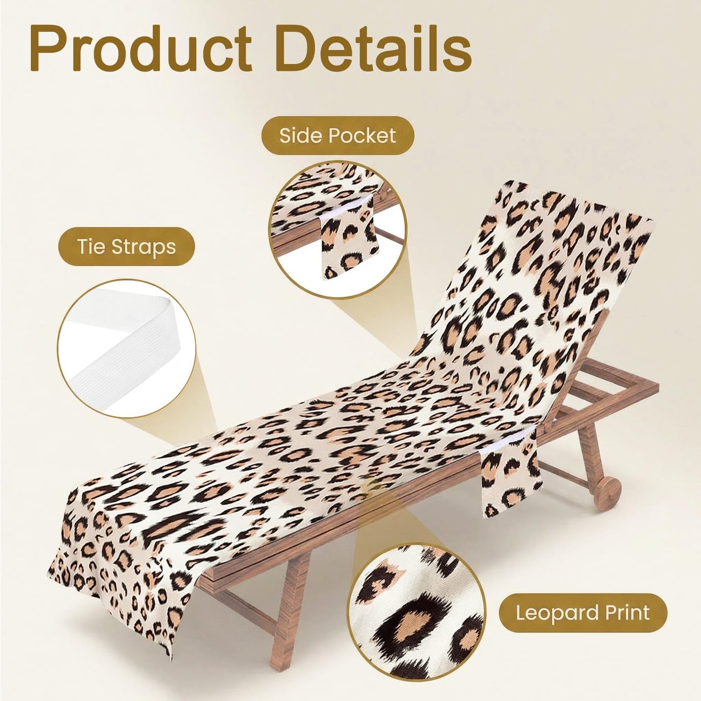 Surwin Sun Lounger Towel with Pockets, Leopard Print Beach Towel Chair Cover Sunbed Towels Lounger Bag for Summer Holiday Outdoor Garden Pool