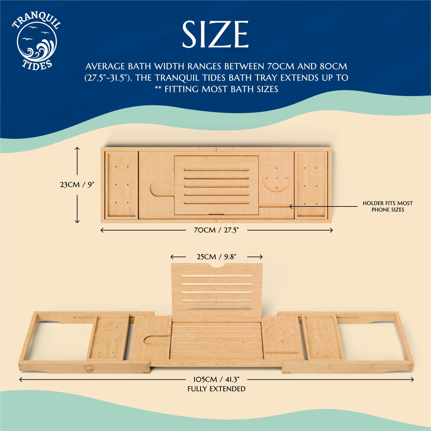 Tranquil Tides Bamboo Bath Caddy Tray with Pillow – Luxury Bath Board Set with Soap Dish, Facecloth & Exfoliating Gloves – Over Bath Tray Gift Set