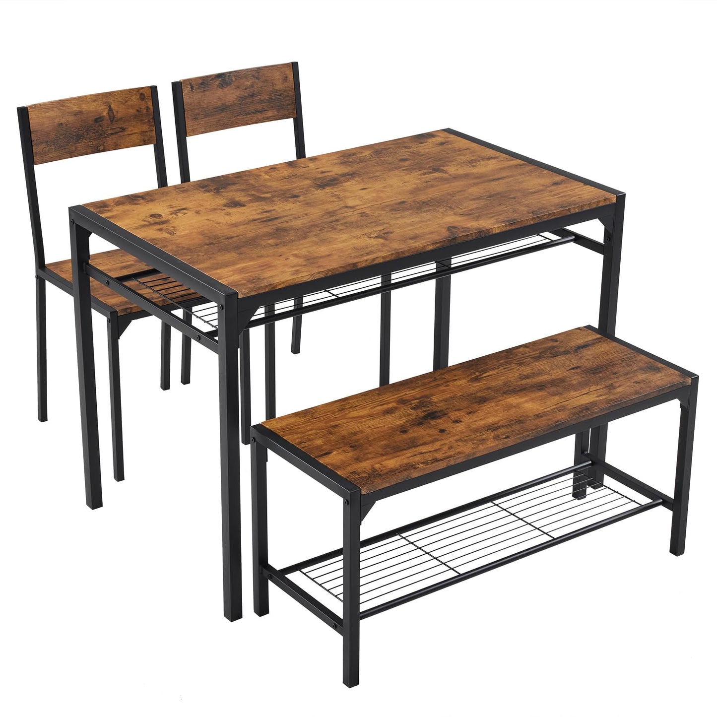 Bonnlo 4 Piece Dining Table Set for 4, Kitchen Table with 2 Chairs and a Bench, Space Saving Small Dining Set with Storage Shelf