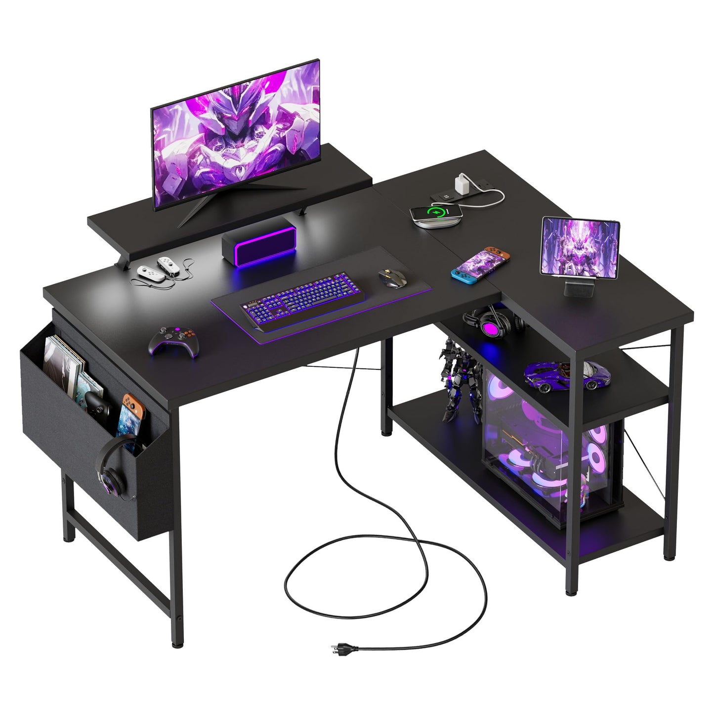 Mericonia Corner Desk, w. Monitorstand & Built-in Socket, 100x70cm, Black