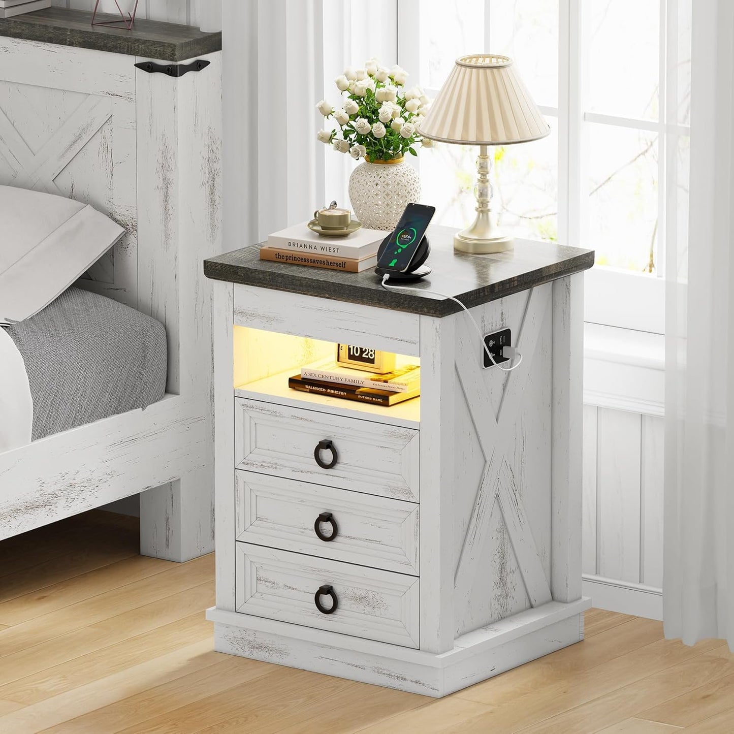 Lvifur Bedside Table - with Hidden Drawer,LED Nightstand with Charging Sation,Smart Night Stand with 3 Color Lights,End Table with Glass Desktop,3