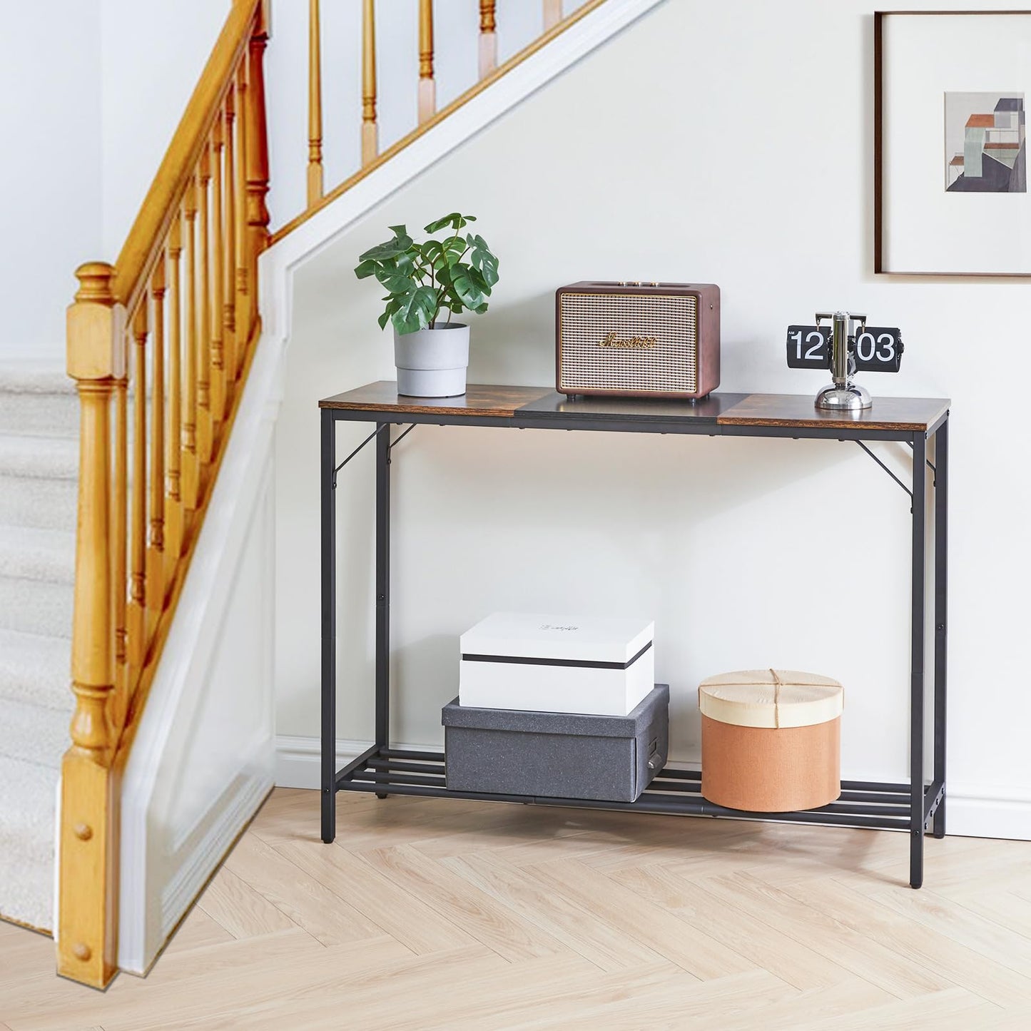 YMYNY Console Table Narrow Sofa Table Rustic Brown and Black HST006HB