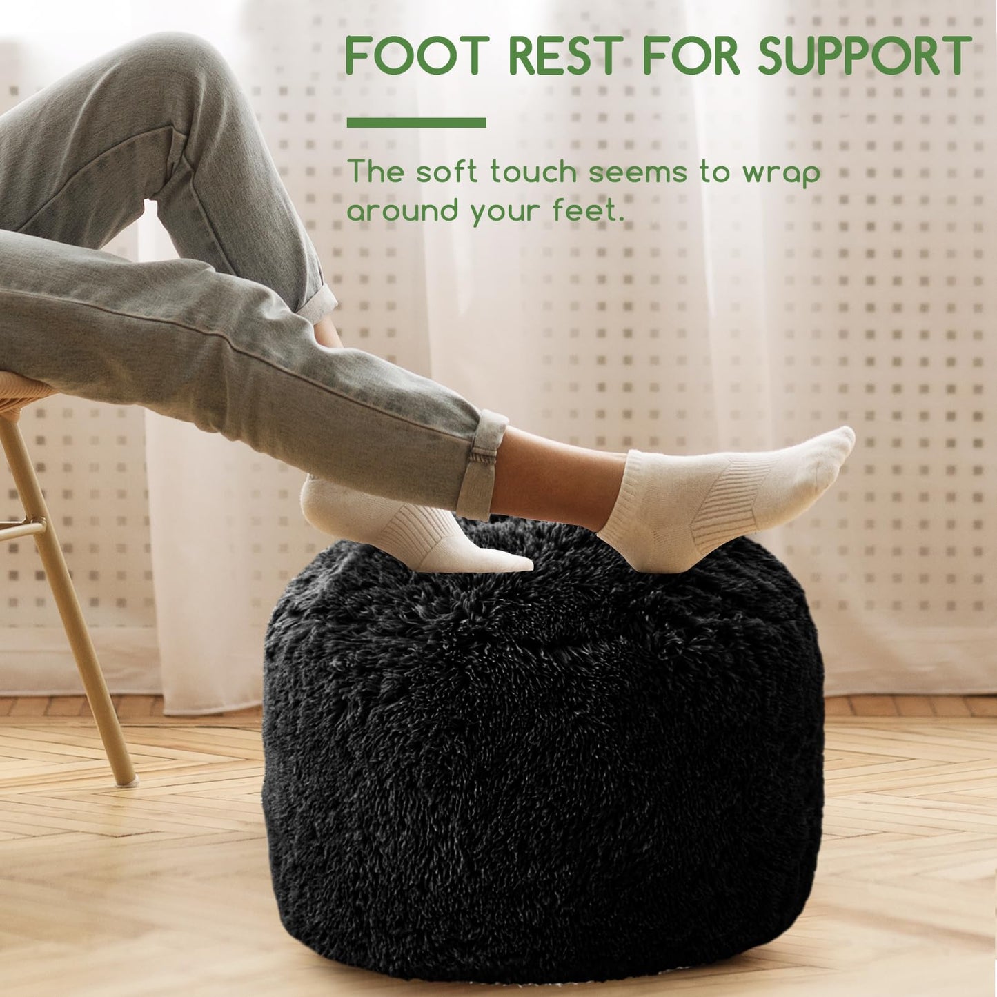 HIGOGOGO Faux Fur Beanbags Round Footstool Bean Bag Pouf with Foam Chunk Filling, 65 x 45 cm Floor Poufs Foot Rest for Living Room, Black