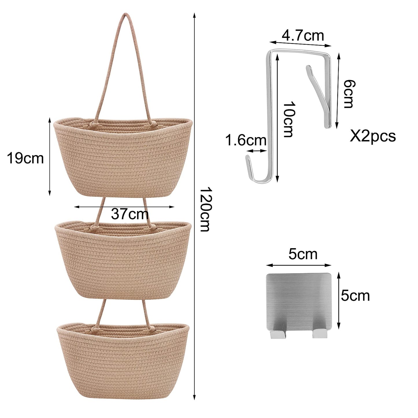 Gearific Over the Door Hanging Basket, 3-Tier Cotton Rope Wall Mount Hanging Baskets for Organizing and Storage
