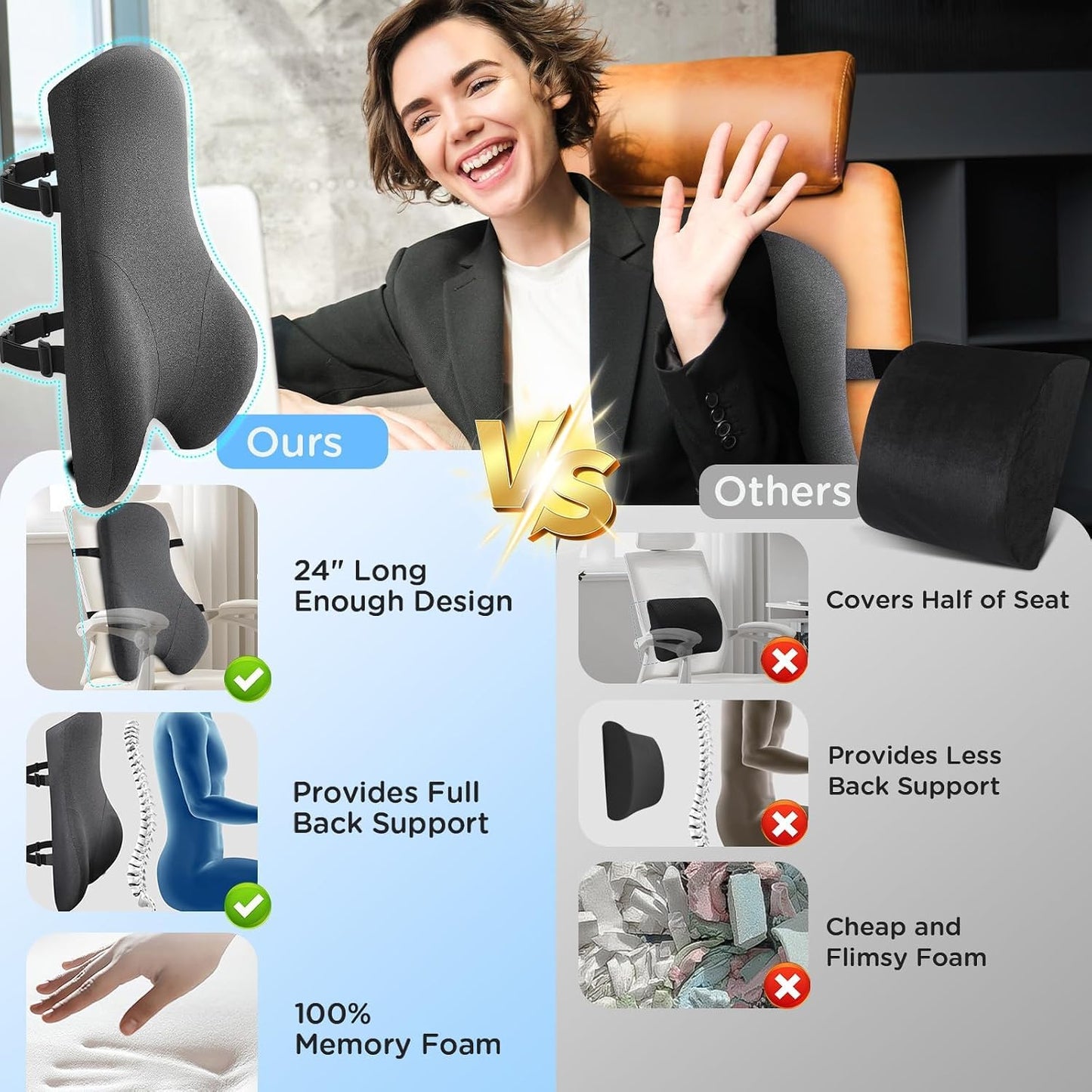 High Back Support Cushion for Office Chair, Memory Foam Lumbar Support