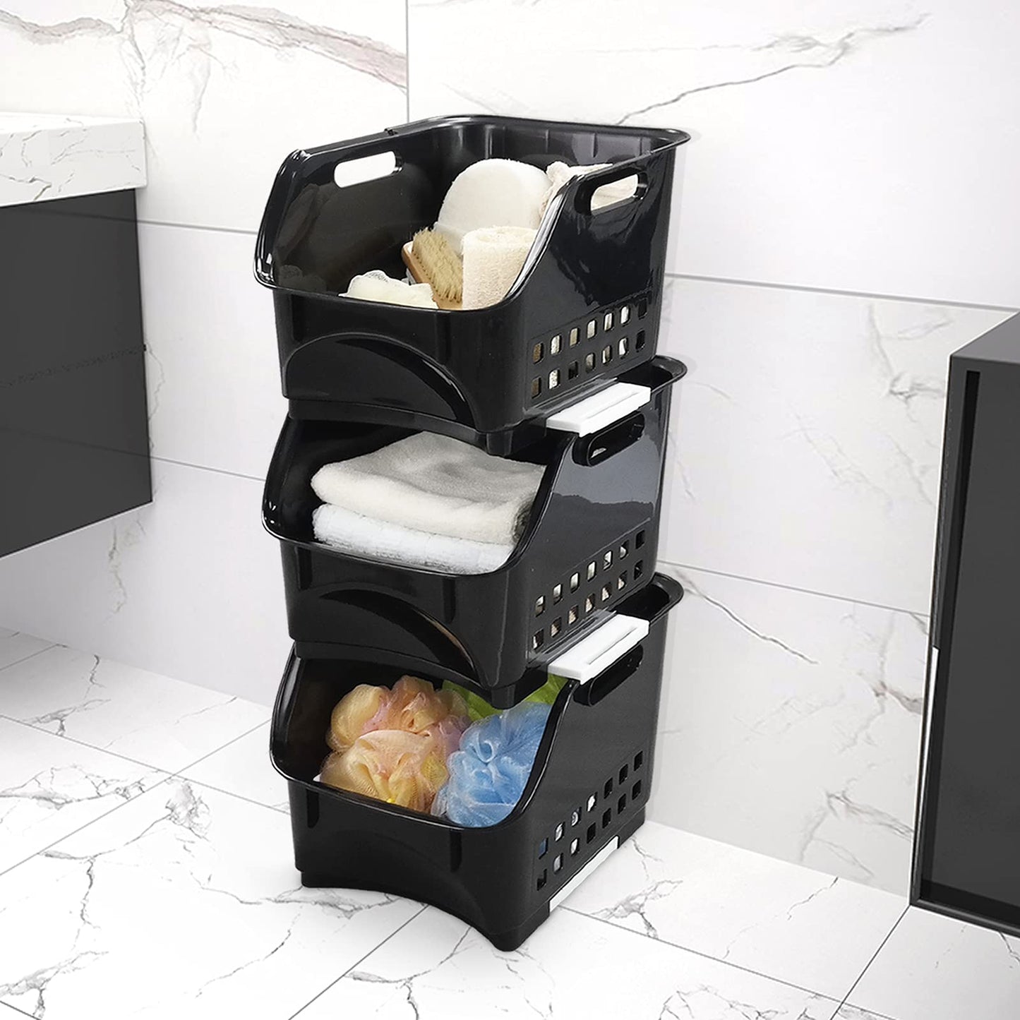 Morcte 3 Tier Stacking Baskets Storage Veg Rack Plastic Stackers, Black
