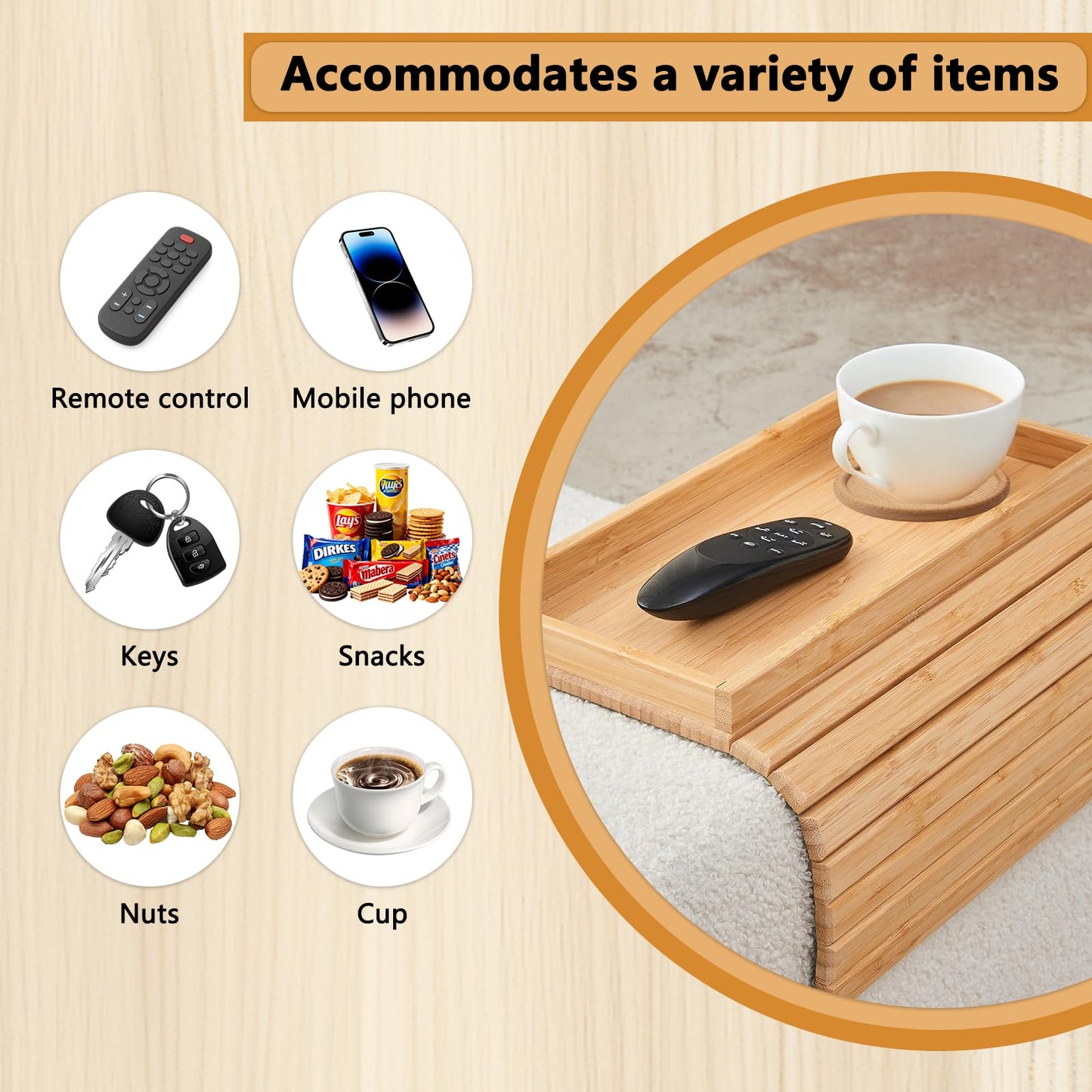 Solid Wood Armrest Tray, Space-Saving Table for Snacks & Drinks, Non-Slip Grooves, Includes 1 Wooden Coaster, Sofa Armrest Organizer