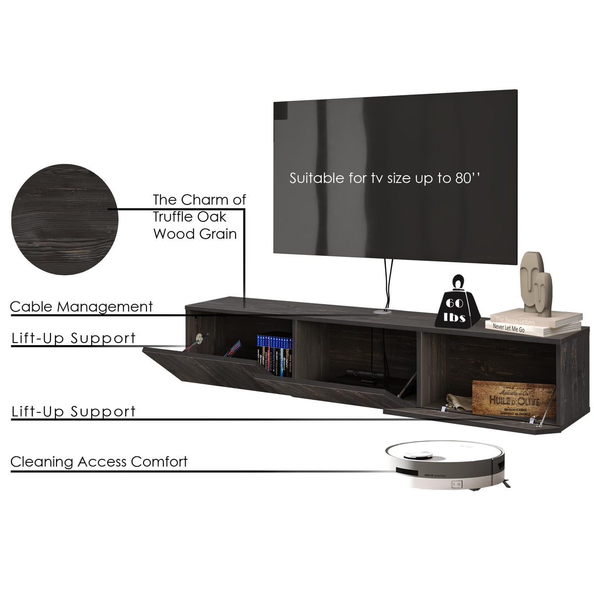 Atelier Mobili Black Floating TV Stand, TV Stand 65 Inch, Floating Entertainment Center for 80 inch TV, Black TV Cabinet, Floating TV Shelf Under TV