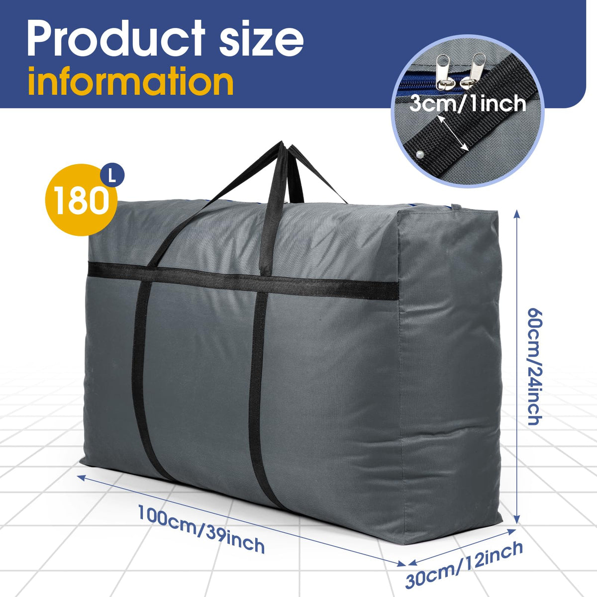 YiMiLiu 180L Extra Large Storage Bag Waterproof Luggage Bag Heavy Duty Moving Bag Grey