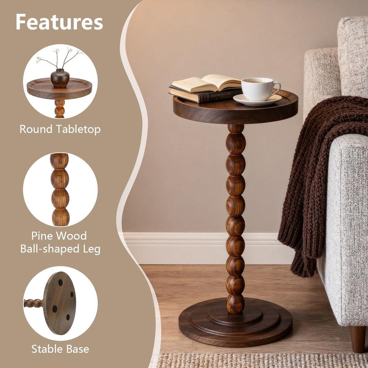 YYW Round Side Table, C Table End Tables for Sofa, Small Bedside Table Walnut