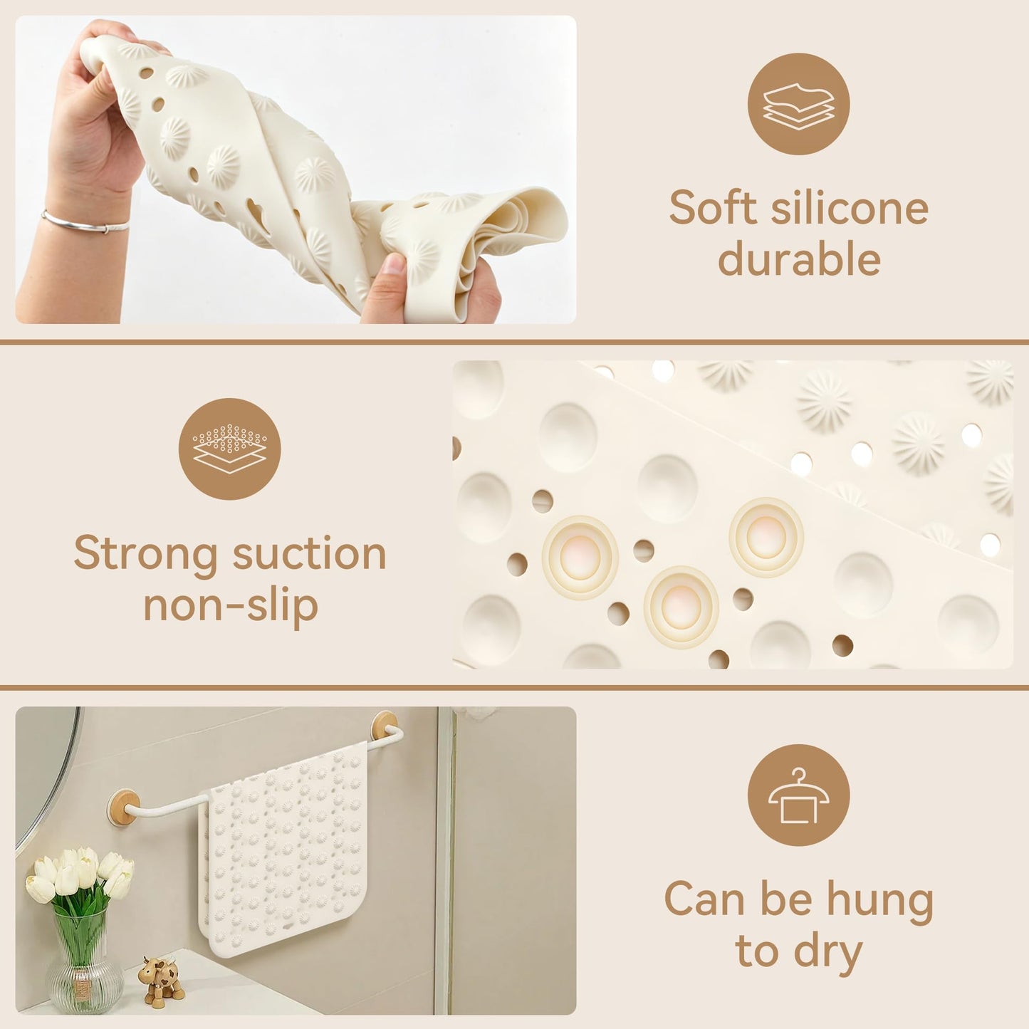 Volminex Non-Slip Bath Mat, Shower Mats, Bathtub Mat, Off-white, 60×60cm