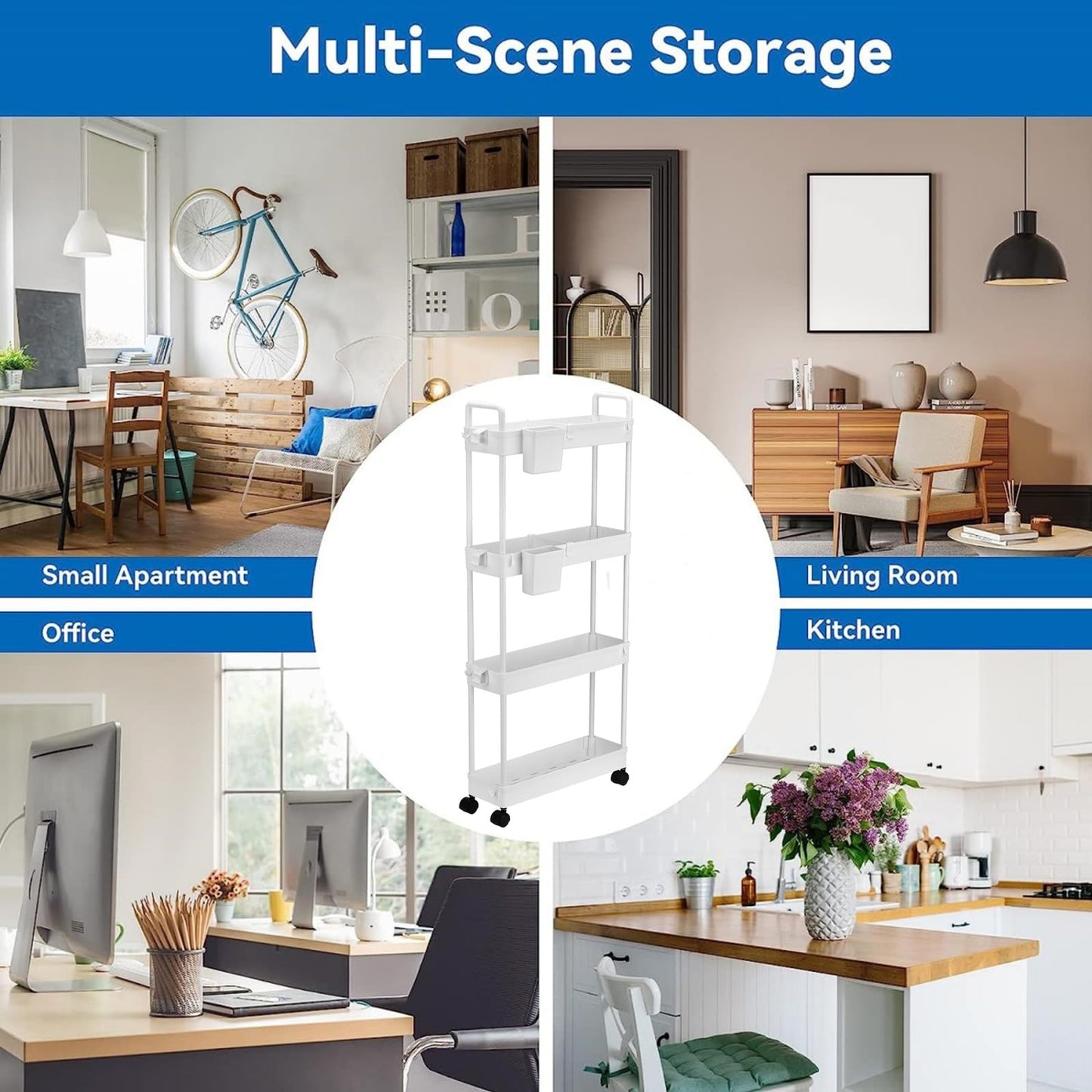 Queta Storage Trolley, Kitchen Storage Utility Cart Mobile Shelving Unit with Handle Hook Slide Out Storage Rack for Office, Kitchen, Bedroom