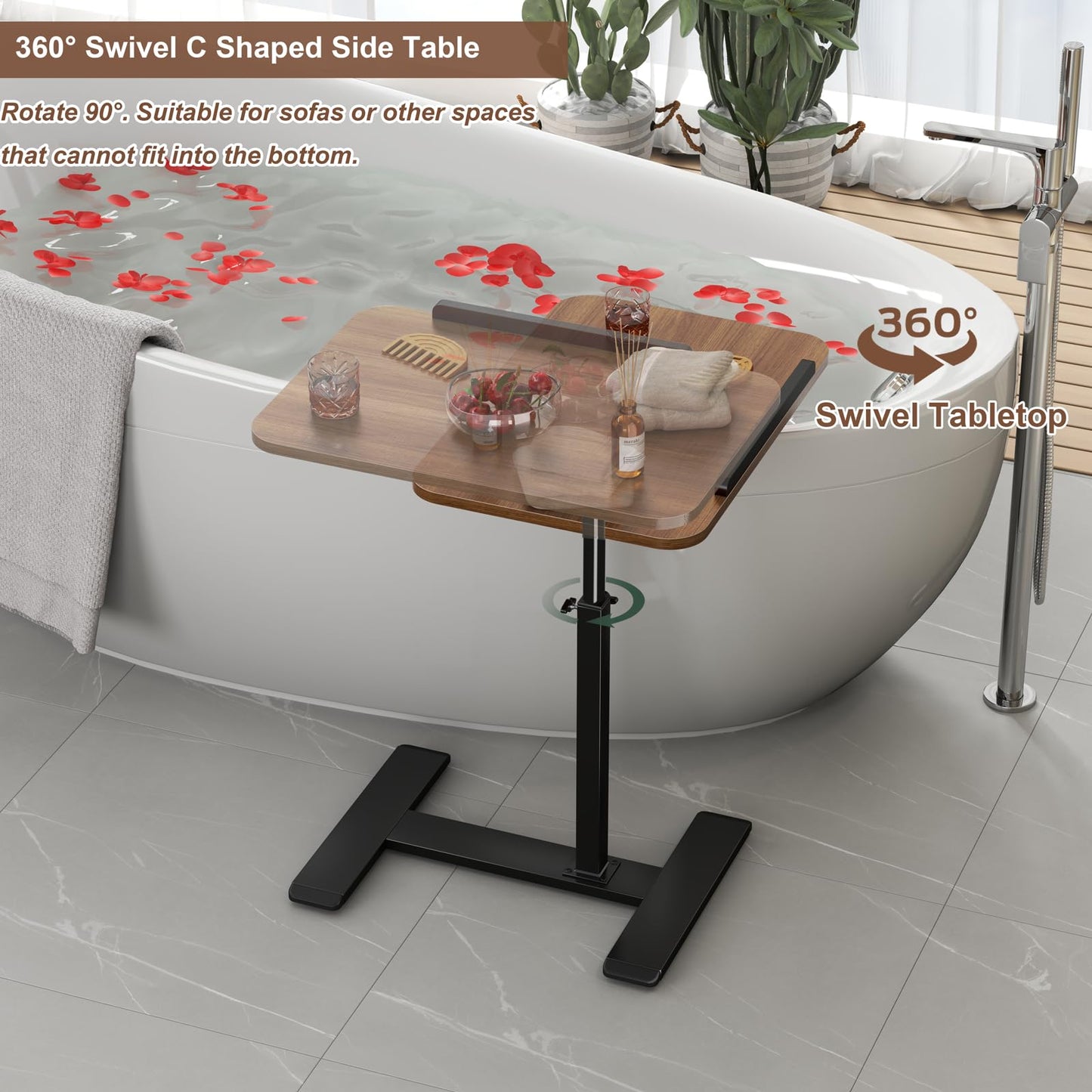 Adjustable Height C Shaped Side Table,360°Swivel Overbed Table,Top Tilting Laptop Stand Tray Tables with Wheels,Mobile Couch End Tables that Slide
