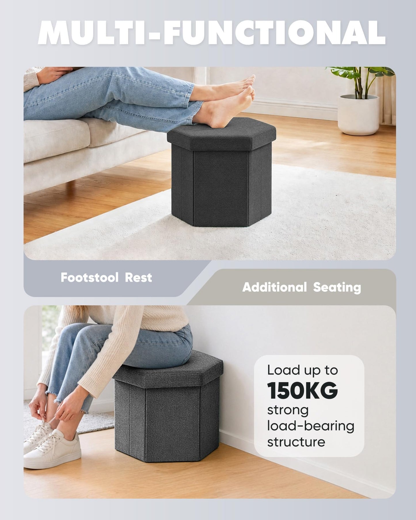 Bonlife Folding Storage Ottoman Hexagonal, Footrest with Toy Ches Box, 43cm