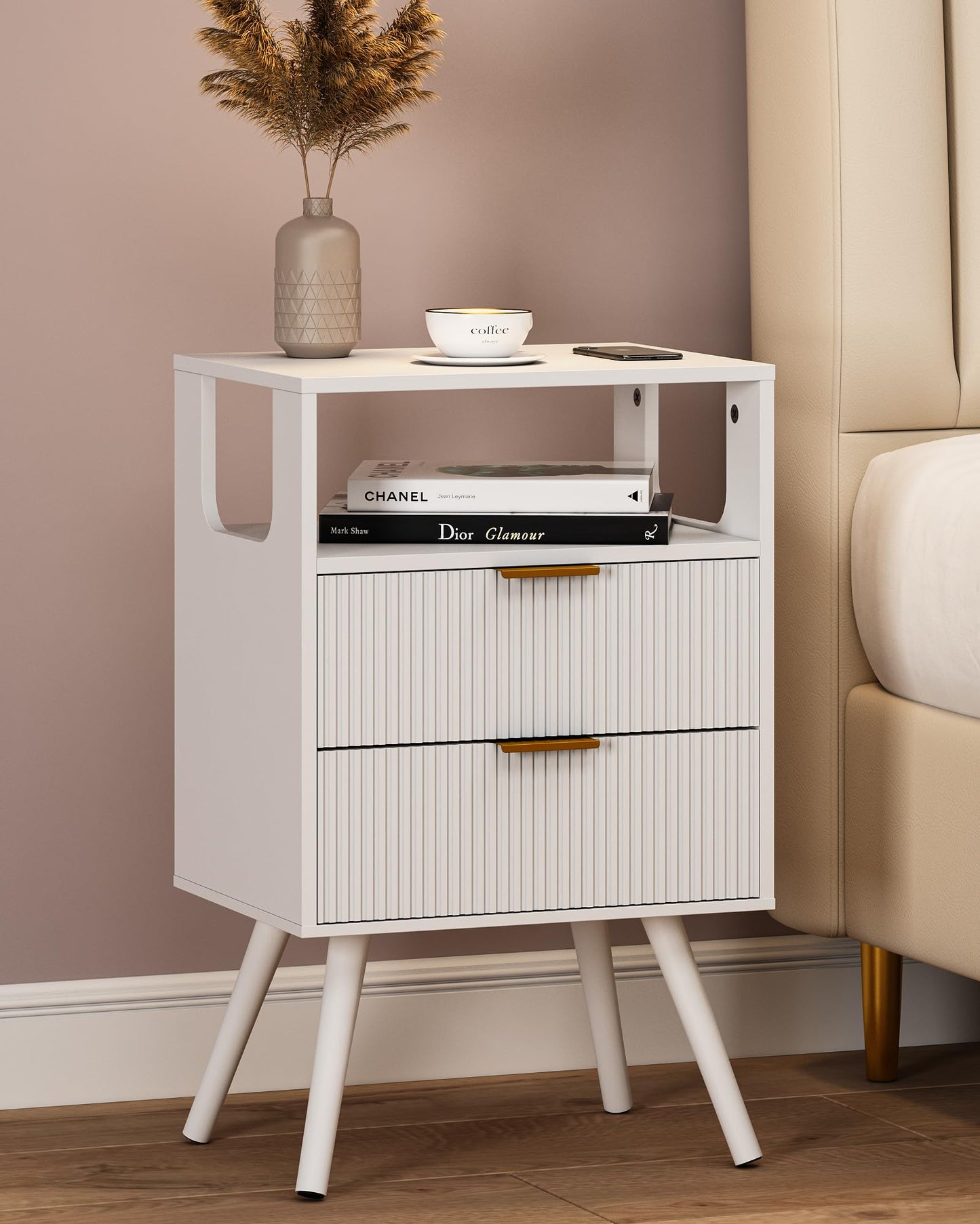 JERX Wooden Bedside Table, Nightstand with 2 Storage Drawer and Open Shelf Modern Bedside Cabinet for Bedroom,White