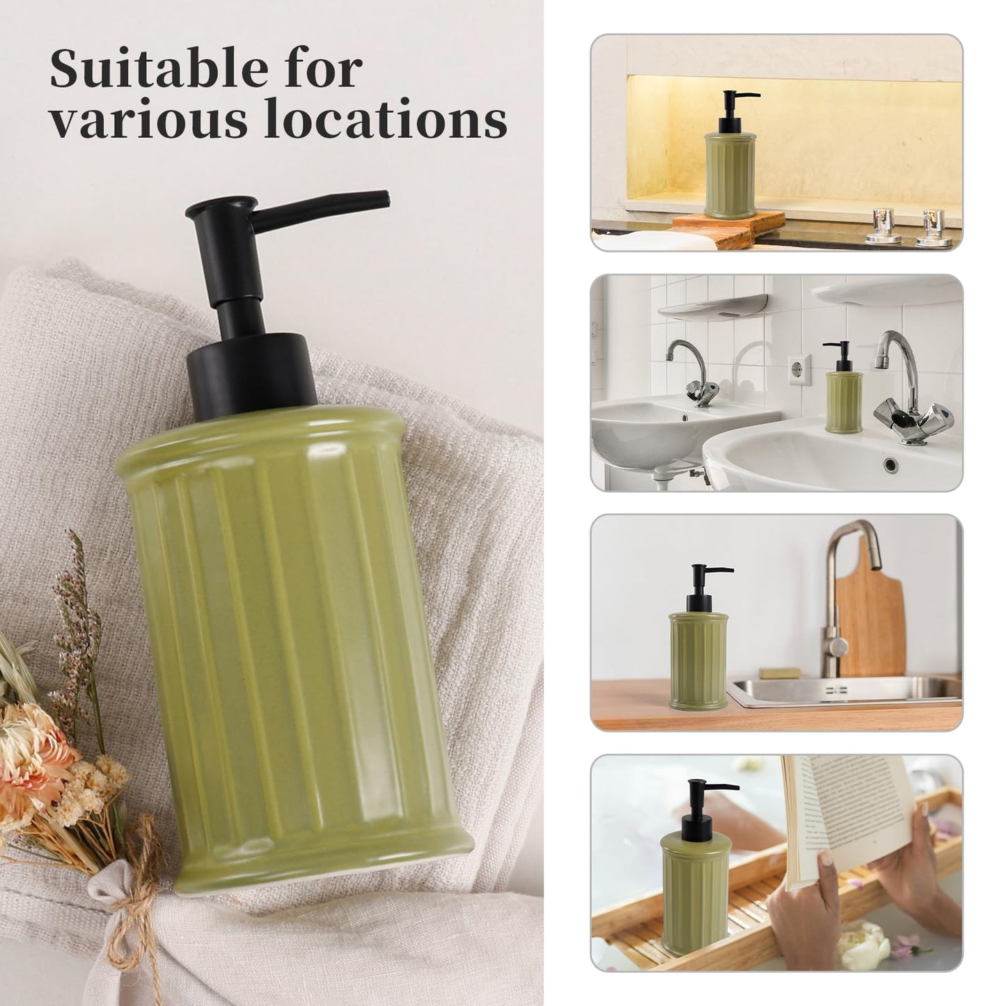 ANTIS'S HOME Ceramic Soap Dispenser Liquid 350ml | Refillable Hand & Dish Soap Bottle for Bathroom Kitchen | Modern Matte Green Countertop Dispenser